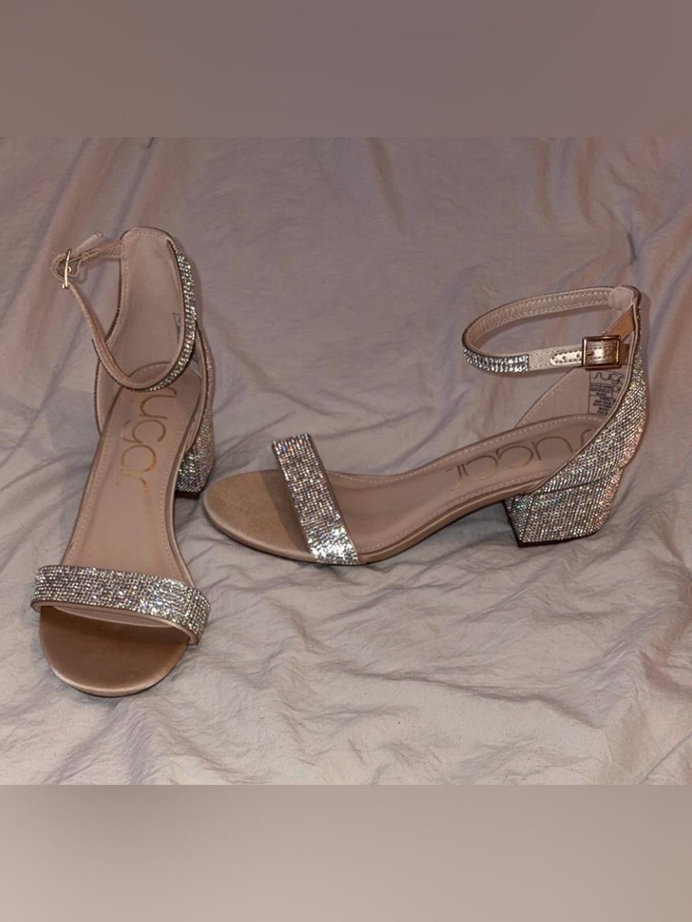 Sugar Crystal-Embellished Nude Block Heel Sandals